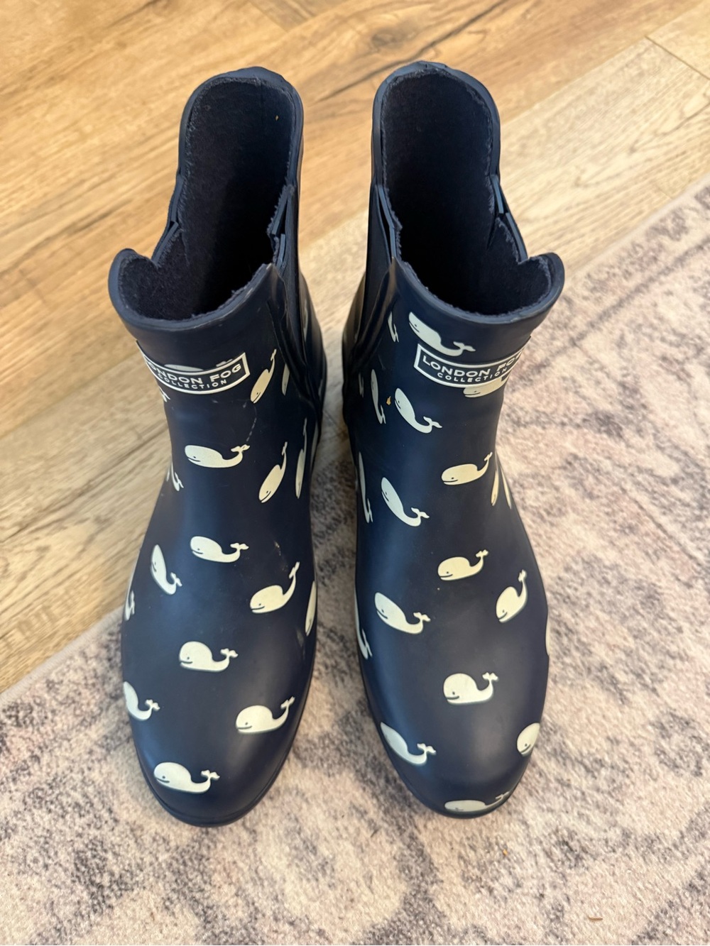 London Fog Navy Rain Boots with Cream Whale Print